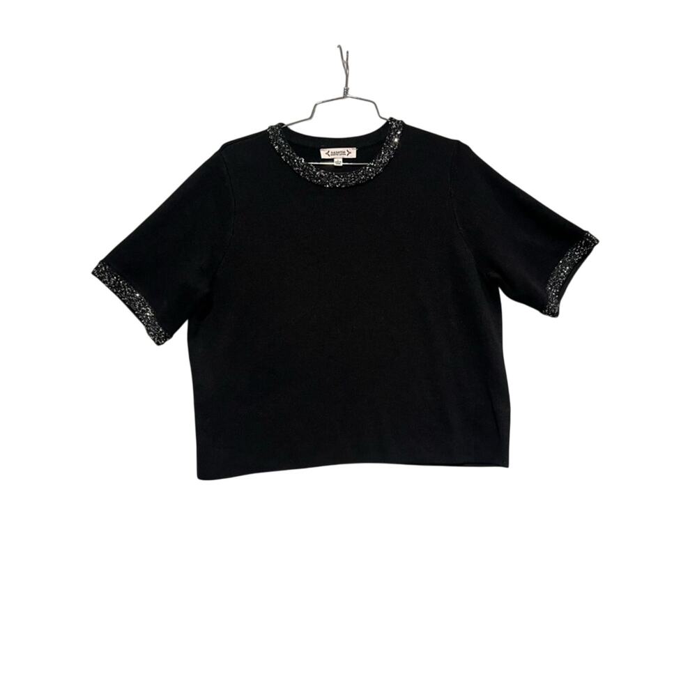 Nanette Lepore Sequin Trim Knit Top Black Short Sleeve Embellished Large